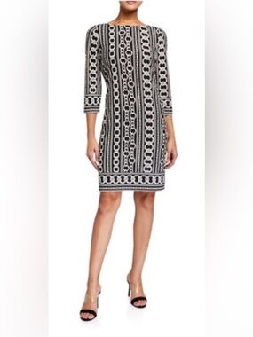 Tiana B. Dress Black & White Chain Link Sheath 3/4 Sleeves Round Neck EUC XL 👍